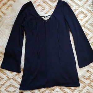 Deep V Navy Blue Long Sleeve Cocktail Dress